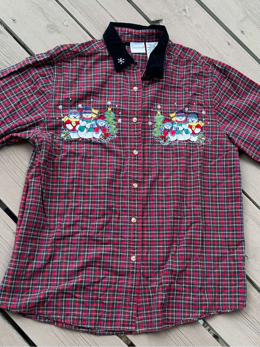 Vintage Bobbie Brook Plaid Holiday Button-Up Shirt with Snowman Embroidery Large